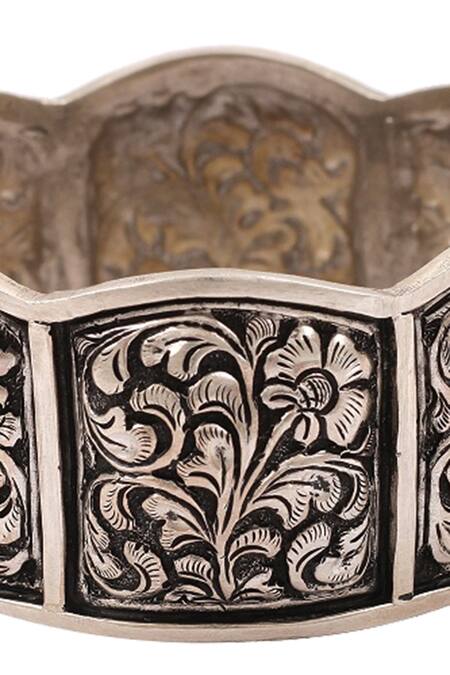 Sangeeta Boochra_Silver Plated Cut Work Carved Oxidised Kada _Online_at_Aza_Fashions