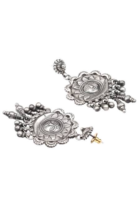 Sangeeta Boochra_Silver Plated Metal Carved Dangler Earrings_Online_at_Aza_Fashions