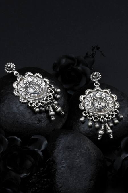 Buy_Sangeeta Boochra_Silver Plated Metal Carved Dangler Earrings_Online_at_Aza_Fashions