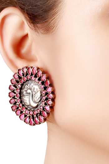 Shop Sangeeta Boochra Silver Plated Stones, Metallic Thread Peacock Carved Stud Earrings at Aza Fashions Shop_Sangeeta Boochra_Silver Plated Stones, Metallic Thread Peacock Carved Stud Earrings _at_Aza_Fashions