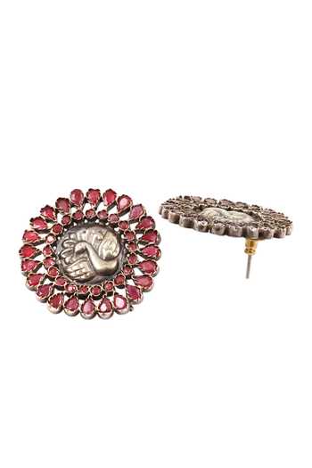 Sangeeta Boochra Silver Plated Stones, Metallic Thread Peacock Carved Stud Earrings Online at Aza Fashions Sangeeta Boochra_Silver Plated Stones, Metallic Thread Peacock Carved Stud Earrings _Online_at_Aza_Fashions