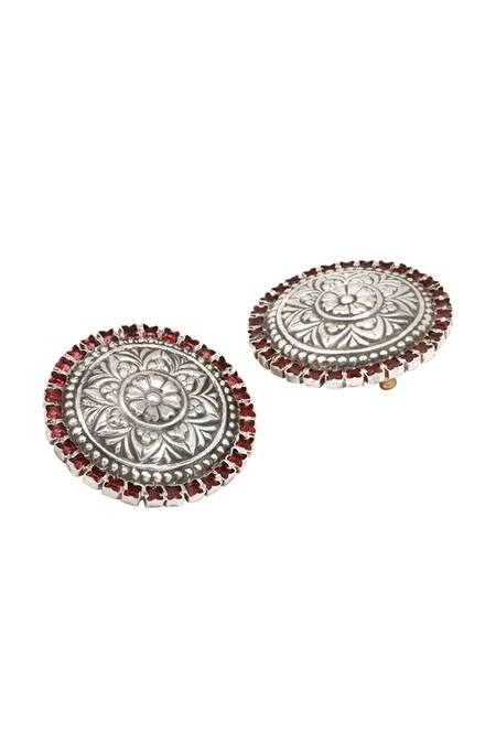 Sangeeta Boochra_Silver Plated Stones, Metallic Thread Carved Stud Earrings _Online_at_Aza_Fashions
