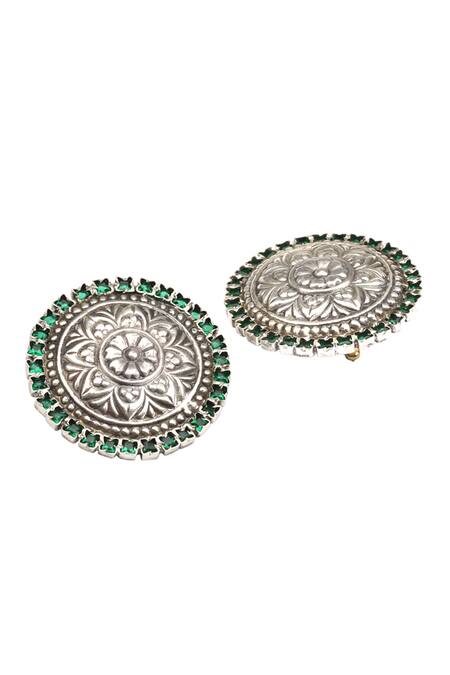 Sangeeta Boochra_Silver Plated Stones, Metallic Thread Carved Stud Earrings _Online_at_Aza_Fashions