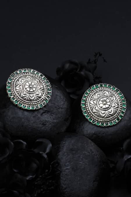Buy_Sangeeta Boochra_Silver Plated Stones, Metallic Thread Carved Stud Earrings _Online_at_Aza_Fashions