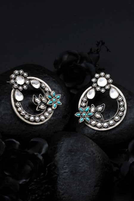 Buy_Sangeeta Boochra_Silver Plated Stones, Metallic Thread Hoop Earrings _Online_at_Aza_Fashions