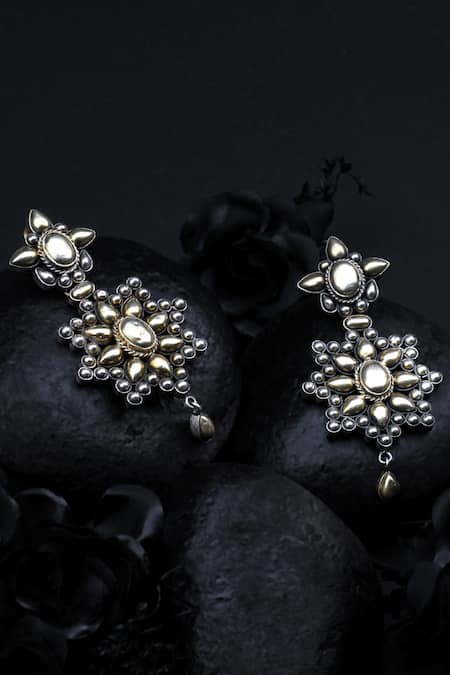 Buy_Sangeeta Boochra_Silver Plated Carved Dangler Earrings _Online_at_Aza_Fashions
