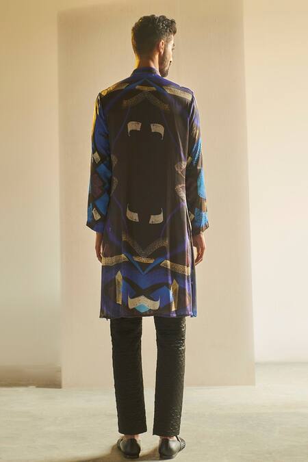 Shop Saksham & Neharicka Blue Satin Printed Kurta at Aza Fashions Shop_Saksham & Neharicka_Blue Satin Printed Kurta_at_Aza_Fashions