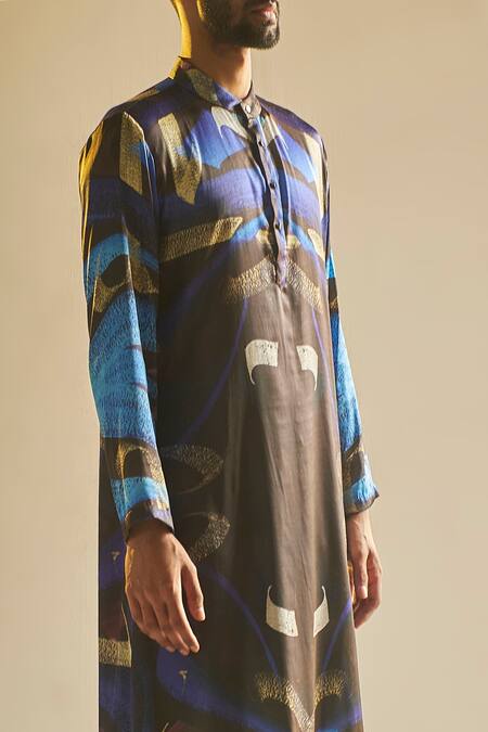 Saksham & Neharicka Blue Satin Printed Kurta Online at Aza Fashions Saksham & Neharicka_Blue Satin Printed Kurta_Online_at_Aza_Fashions