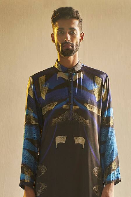 Buy Saksham & Neharicka Blue Satin Printed Kurta Online at Aza Fashions Buy_Saksham & Neharicka_Blue Satin Printed Kurta_Online_at_Aza_Fashions