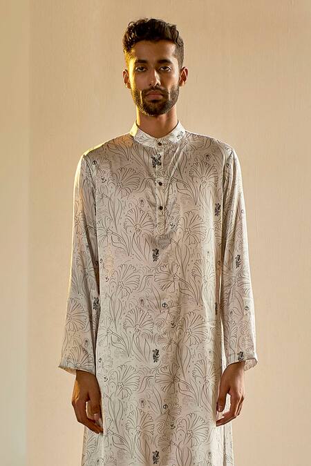 Saksham & Neharicka_White Satin Printed Kurta_Online_at_Aza_Fashions