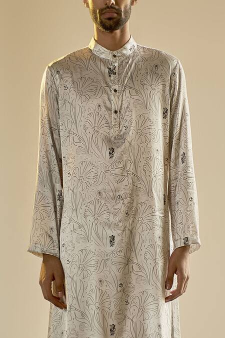 Shop_Saksham & Neharicka_White Satin Printed Kurta_Online_at_Aza_Fashions