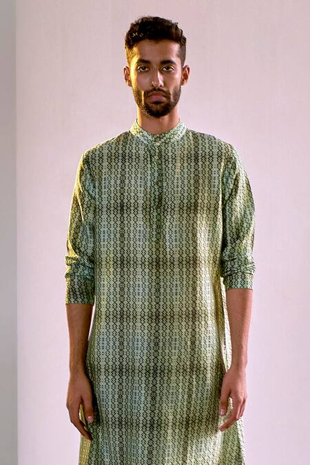 Saksham & Neharicka Green Cotton Silk Printed Kurta Online at Aza Fashions Saksham & Neharicka_Green Cotton Silk Printed Kurta_Online_at_Aza_Fashions