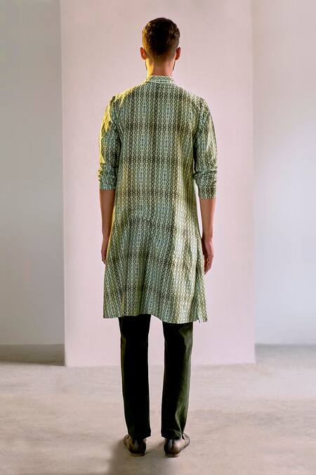 Shop Saksham & Neharicka Green Cotton Silk Printed Kurta at Aza Fashions Shop_Saksham & Neharicka_Green Cotton Silk Printed Kurta_at_Aza_Fashions