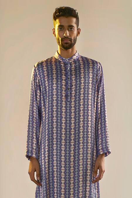 Saksham & Neharicka_Blue Satin Printed Kurta_Online_at_Aza_Fashions
