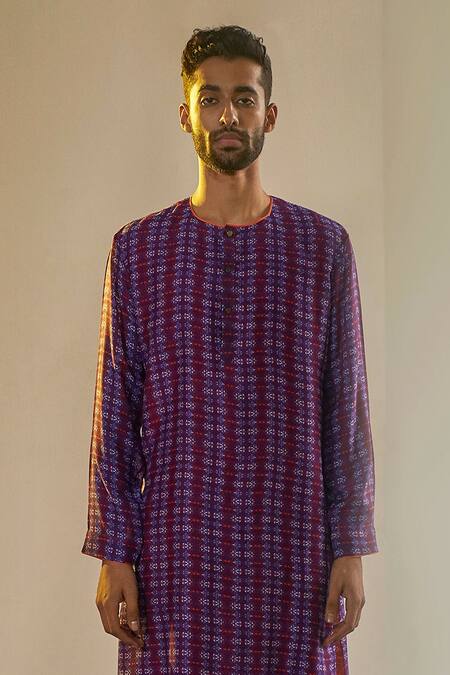 Saksham & Neharicka_Purple Chanderi, Cotton Silk Printed Kurta_Online_at_Aza_Fashions