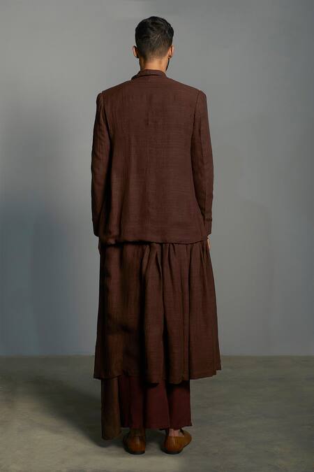 Shop Saksham & Neharicka Brown Matka Silk Layered Jacket Pant Set at Aza Fashions Shop_Saksham & Neharicka_Brown Matka Silk Layered Jacket Pant Set_at_Aza_Fashions