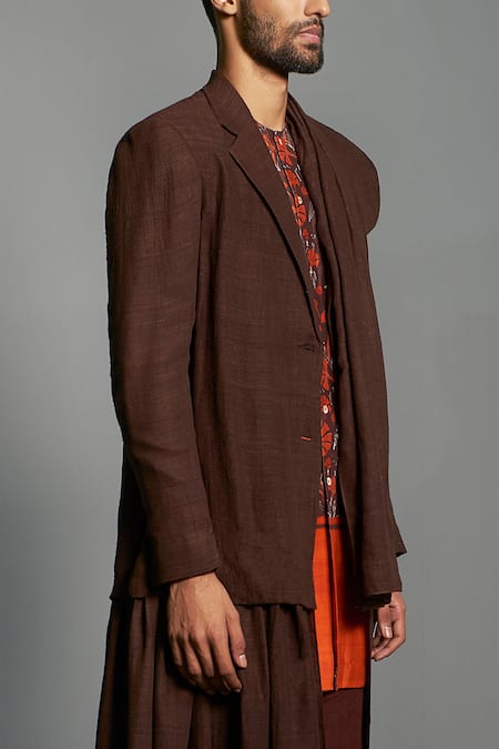 Buy Saksham & Neharicka Brown Matka Silk Layered Jacket Pant Set Online at Aza Fashions Buy_Saksham & Neharicka_Brown Matka Silk Layered Jacket Pant Set_Online_at_Aza_Fashions