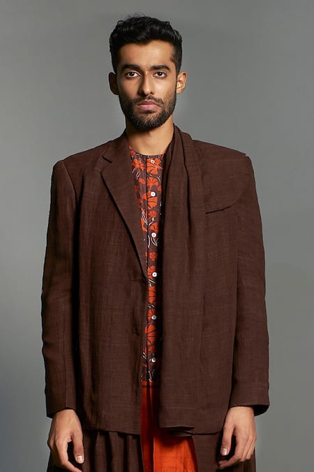 Saksham & Neharicka Brown Matka Silk Layered Jacket Pant Set Online at Aza Fashions Saksham & Neharicka_Brown Matka Silk Layered Jacket Pant Set_Online_at_Aza_Fashions