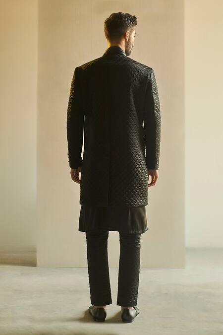 Shop Saksham & Neharicka Black Satin Chanderi Bandhgala And Pant Set at Aza Fashions Shop_Saksham & Neharicka_Black Satin Chanderi Bandhgala And Pant Set_at_Aza_Fashions