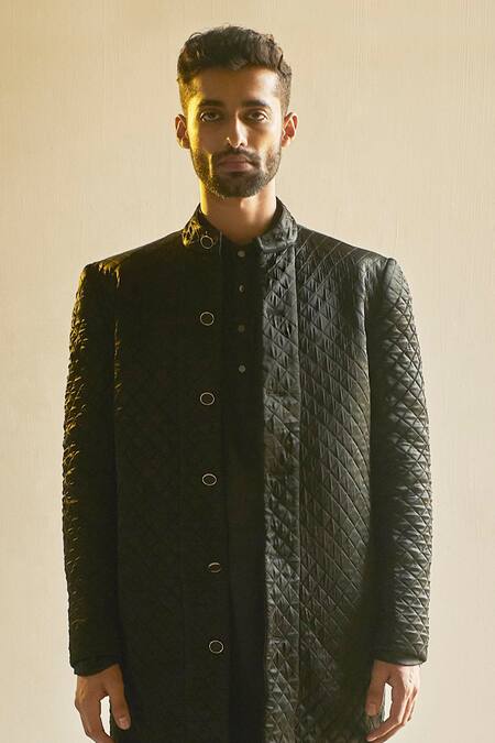 Saksham & Neharicka Black Satin Chanderi Bandhgala And Pant Set Online at Aza Fashions Saksham & Neharicka_Black Satin Chanderi Bandhgala And Pant Set_Online_at_Aza_Fashions