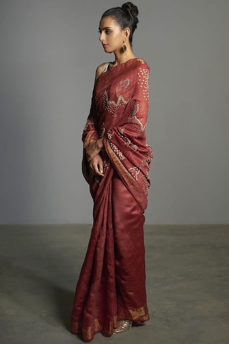 Saksham & Neharicka Red Tussar Silk Embellished Saree Online at Aza Fashions Saksham & Neharicka_Red Tussar Silk Embellished Saree _Online_at_Aza_Fashions