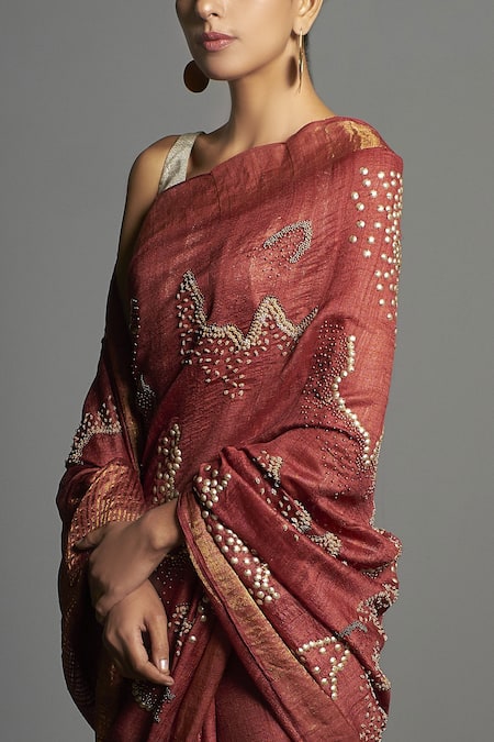 Buy Saksham & Neharicka Red Tussar Silk Embellished Saree Online at Aza Fashions Buy_Saksham & Neharicka_Red Tussar Silk Embellished Saree _Online_at_Aza_Fashions