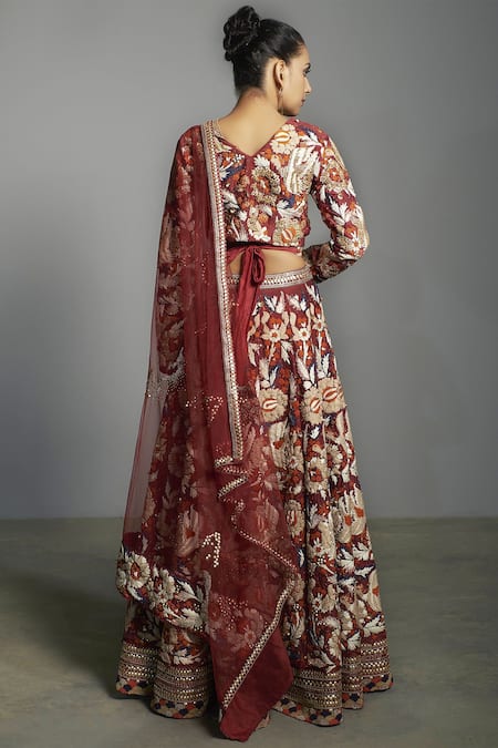 Shop Saksham & Neharicka Red Chanderi V Neck Bridal Lehenga Set at Aza Fashions Shop_Saksham & Neharicka_Red Chanderi V Neck Bridal Lehenga Set _at_Aza_Fashions