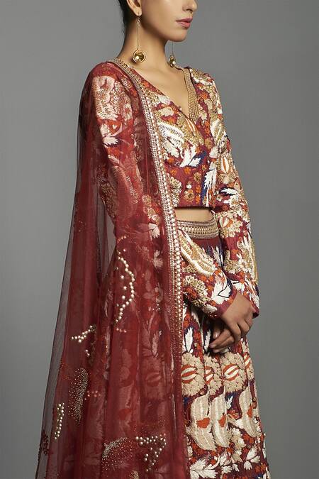 Saksham & Neharicka Red Chanderi V Neck Bridal Lehenga Set Online at Aza Fashions Saksham & Neharicka_Red Chanderi V Neck Bridal Lehenga Set _Online_at_Aza_Fashions