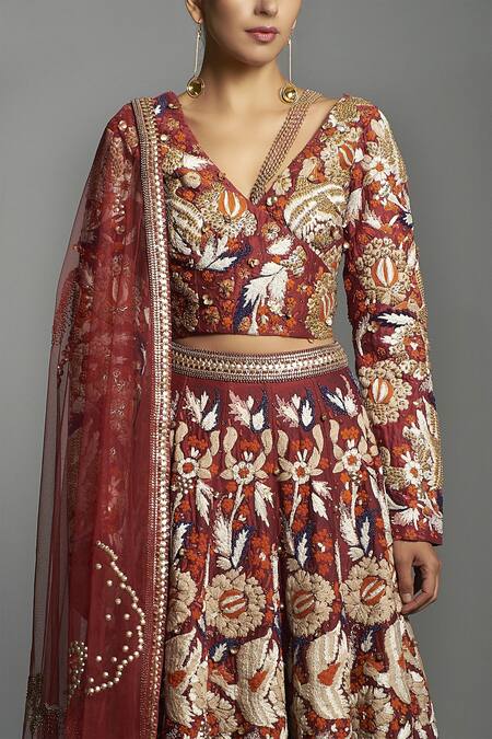 Buy Saksham & Neharicka Red Chanderi V Neck Bridal Lehenga Set Online at Aza Fashions Buy_Saksham & Neharicka_Red Chanderi V Neck Bridal Lehenga Set _Online_at_Aza_Fashions