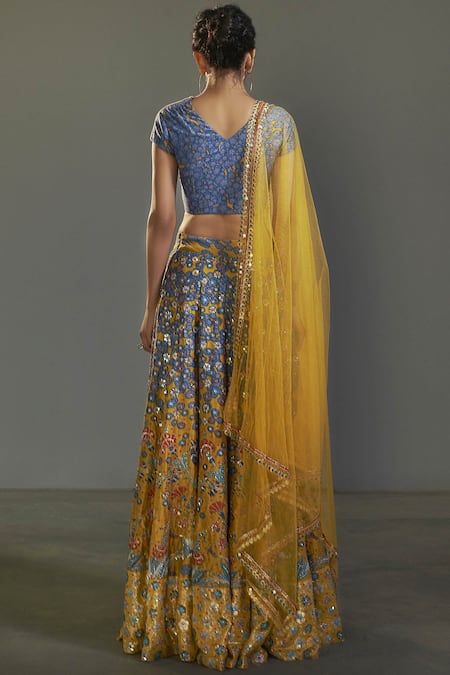 Shop Saksham & Neharicka Blue Chanderi V Neck Lehenga Set at Aza Fashions Shop_Saksham & Neharicka_Blue Chanderi V Neck Lehenga Set _at_Aza_Fashions
