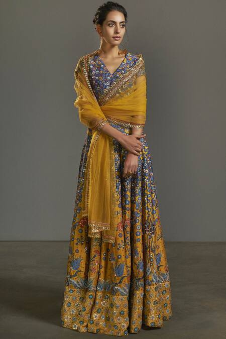 Saksham & Neharicka Blue Chanderi V Neck Lehenga Set Online at Aza Fashions Saksham & Neharicka_Blue Chanderi V Neck Lehenga Set _Online_at_Aza_Fashions