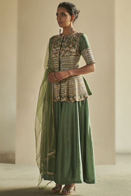 Saksham & Neharicka_Green Silk, Cotton Round Kurta Palazzo Set _Online_at_Aza_Fashions