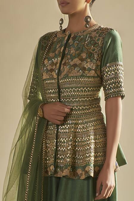 Buy_Saksham & Neharicka_Green Silk, Cotton Round Kurta Palazzo Set _Online_at_Aza_Fashions