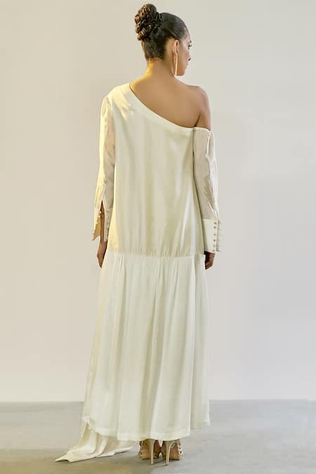 Shop Saksham & Neharicka Off White Chanderi Asymmetric One Shoulder Gown at Aza Fashions Shop_Saksham & Neharicka_Off White Chanderi Asymmetric One Shoulder Gown _at_Aza_Fashions
