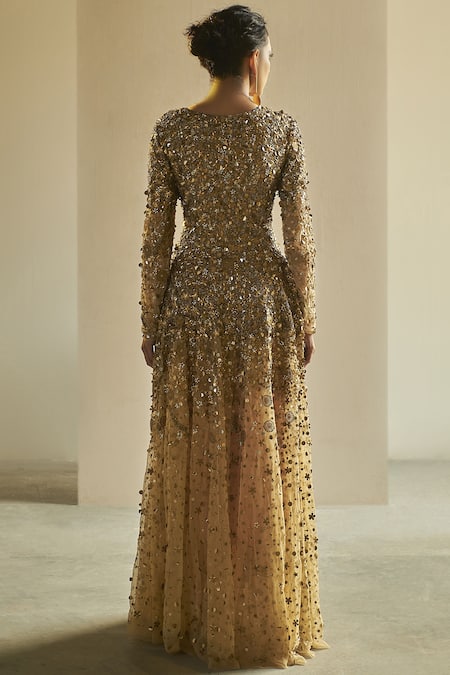 Shop Saksham & Neharicka Gold Tulle Round Embellished Gown at Aza Fashions Shop_Saksham & Neharicka_Gold Tulle Round Embellished Gown _at_Aza_Fashions