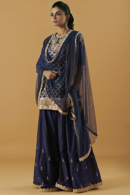 Aditi Somani_Blue Silk Embroidered Kurta Sharara Set_Online_at_Aza_Fashions