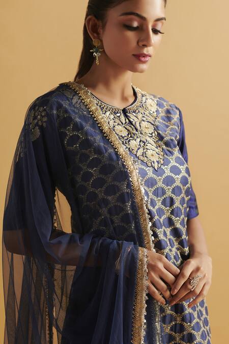 Buy_Aditi Somani_Blue Silk Embroidered Kurta Sharara Set_Online_at_Aza_Fashions