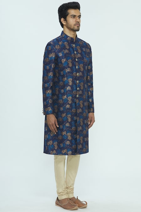 Nautanky_Blue Silk Jacquard Sherwani Set _Online_at_Aza_Fashions