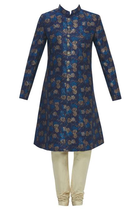 Buy_Nautanky_Blue Silk Jacquard Sherwani Set _Online_at_Aza_Fashions