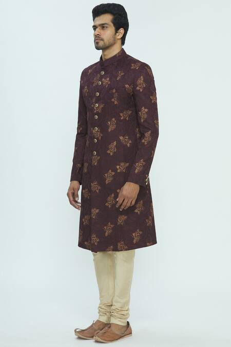 Nautanky_Maroon Silk Jacquard Sherwani Set _Online_at_Aza_Fashions