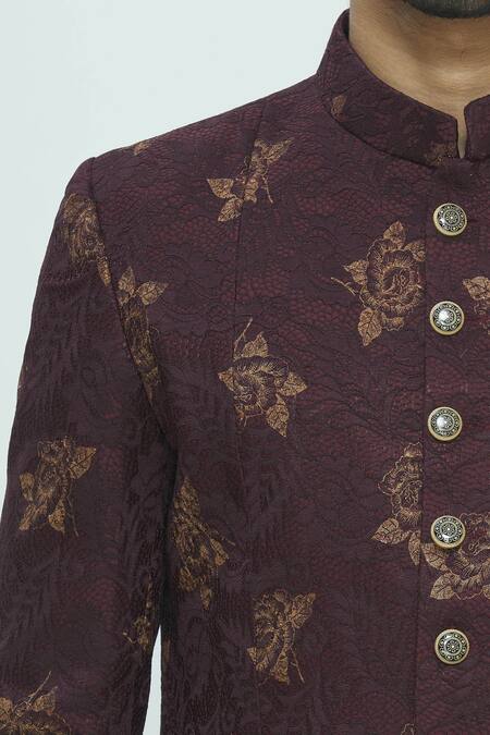 Nautanky_Maroon Silk Jacquard Sherwani Set _at_Aza_Fashions