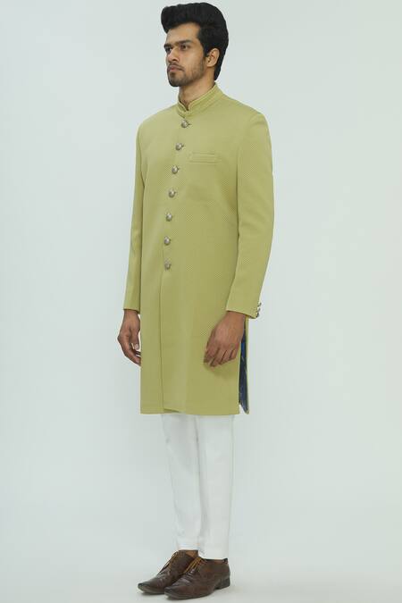 Nautanky_Green Slub Suede Sherwani Set _Online_at_Aza_Fashions