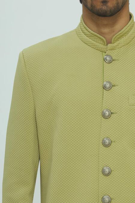 Nautanky_Green Slub Suede Sherwani Set _at_Aza_Fashions