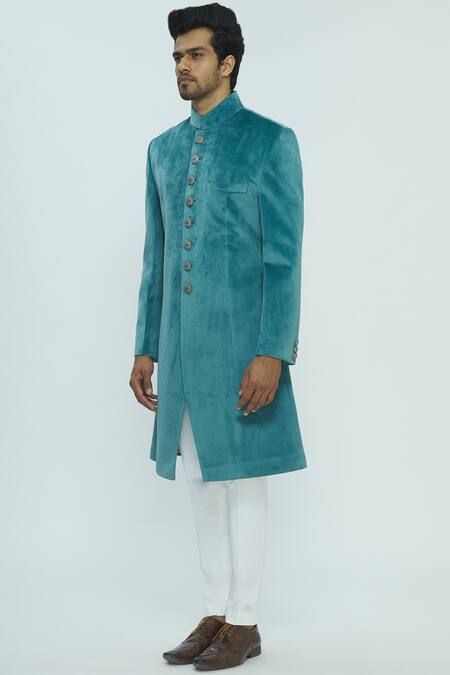 Nautanky_Blue Suede Sherwani Set _Online_at_Aza_Fashions