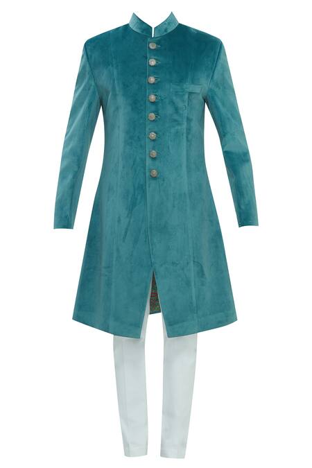 Buy_Nautanky_Blue Suede Sherwani Set _Online_at_Aza_Fashions