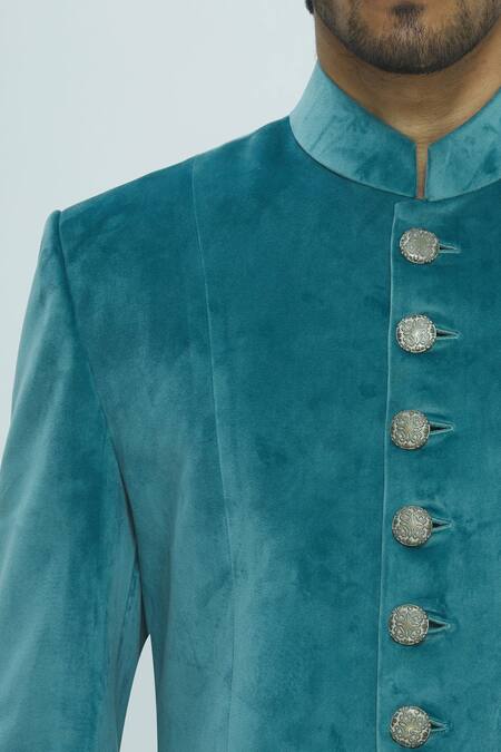 Nautanky_Blue Suede Sherwani Set _at_Aza_Fashions