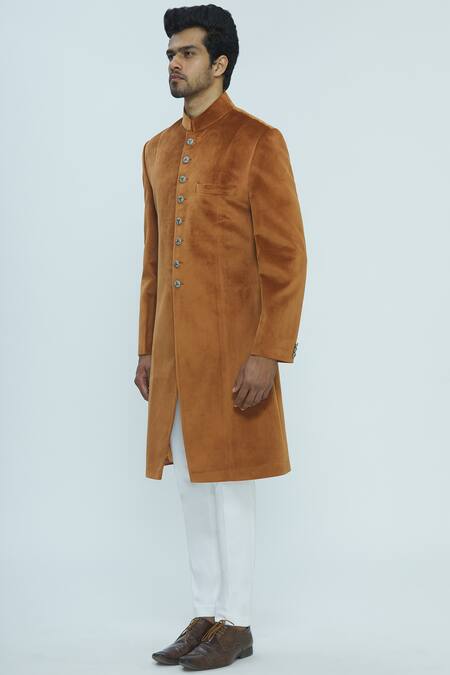 Nautanky_Beige Suede Sherwani Set _Online_at_Aza_Fashions