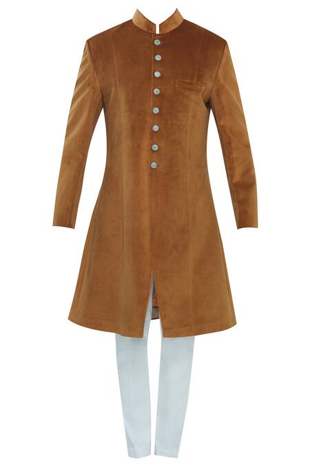 Buy_Nautanky_Beige Suede Sherwani Set _Online_at_Aza_Fashions
