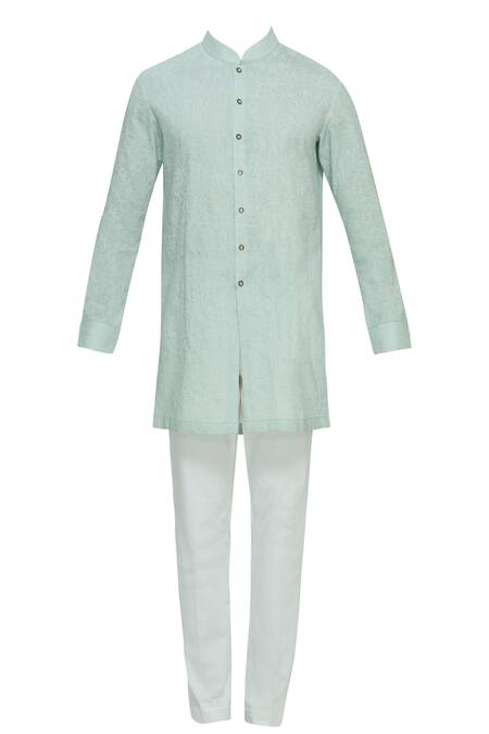 Buy_Nautanky_Grey Wrinkle Cotton Textured Bundi Kurta Set _Online_at_Aza_Fashions