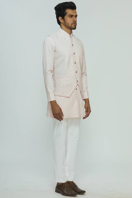 Nautanky_Pink Wrinkle Cotton Textured Bundi And Kurta Set _Online_at_Aza_Fashions